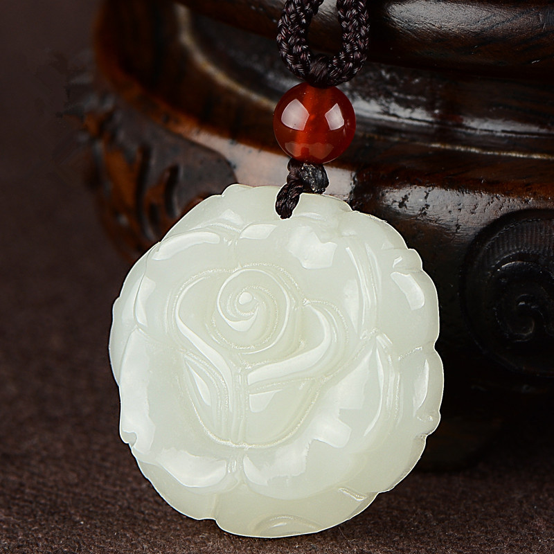手工雕刻玉器工艺品玉石新疆和田玉白玉玫瑰花吊坠玉石项链