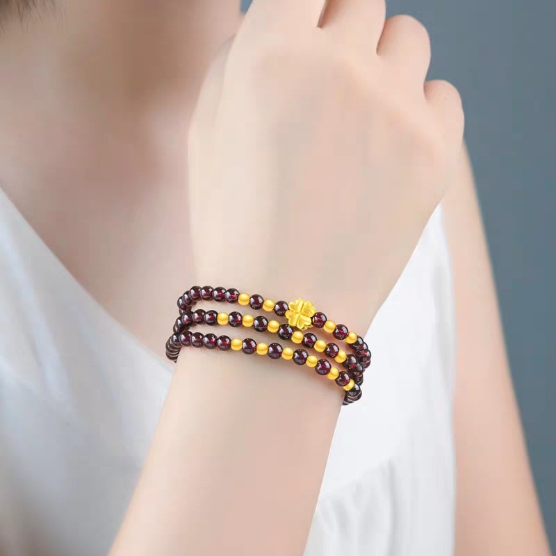 镀金貔貅手链女仿黄金石榴石手串女士招财金珠四叶草转运珠3d硬金