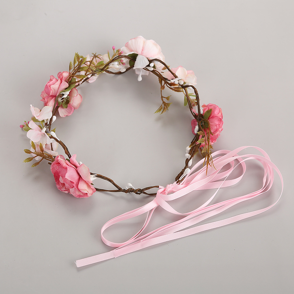 新娘头饰新款花环海边沙滩度假婚礼粉色头花环森系玫瑰发箍现货