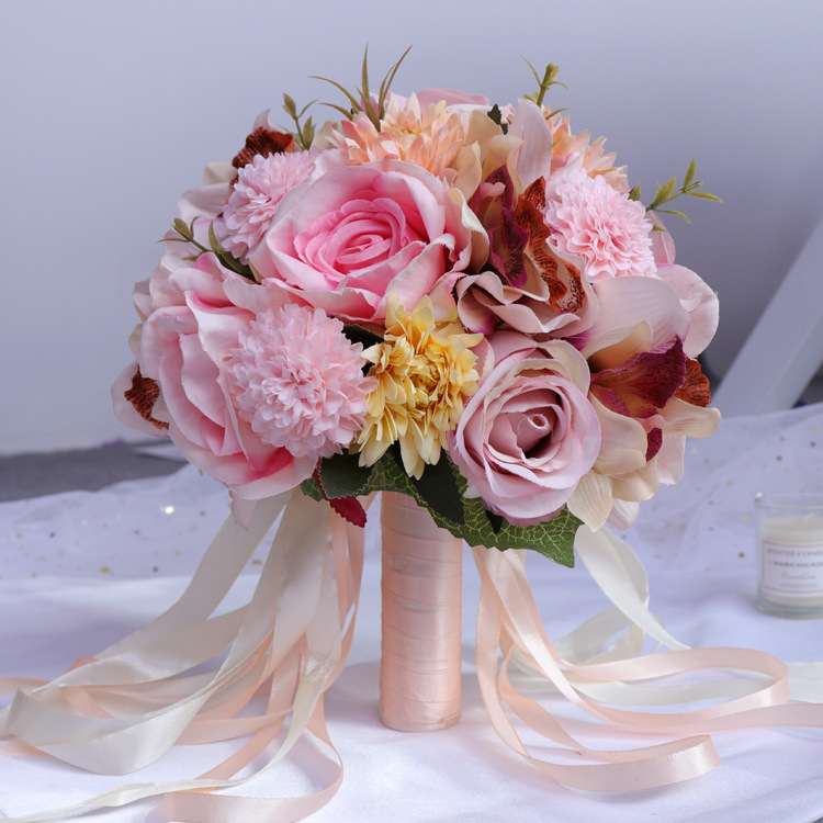新娘手捧花结婚缎带手捧花香槟色仿真红玫瑰花束摄影婚礼手捧花束