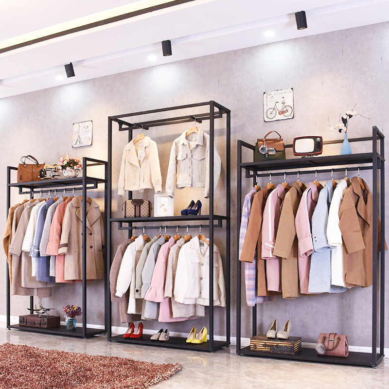 简约服装展示架铁艺男女服装店货架落地式陈列架北欧侧挂衣服架子