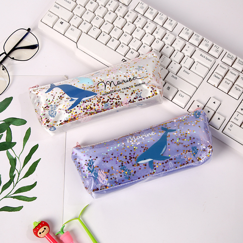 创意pvc流沙笔袋学习用品卡通笔袋小清新儿童亮片文具袋现货批发