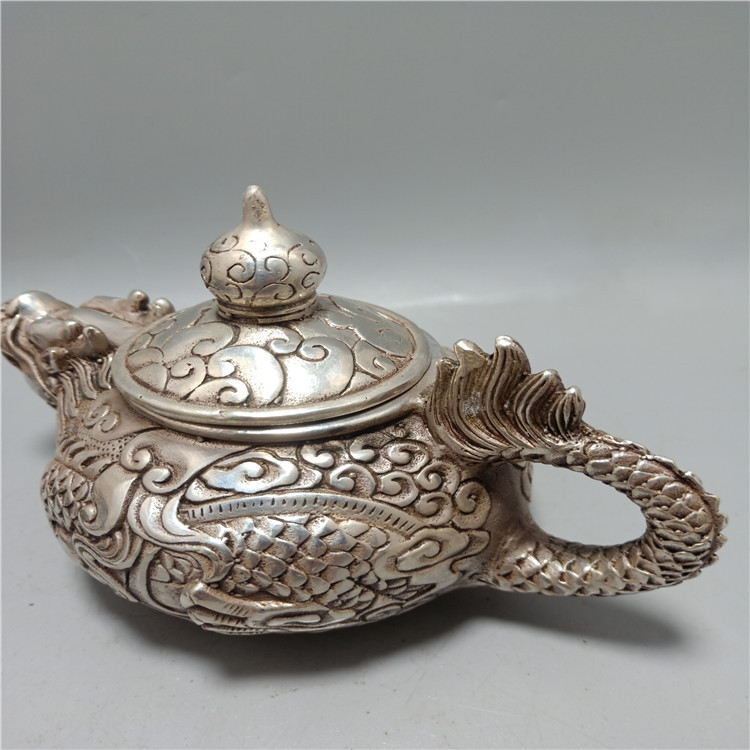古玩杂项批发仿古做旧 白铜铜器工艺品祥云龙壶风水摆件
