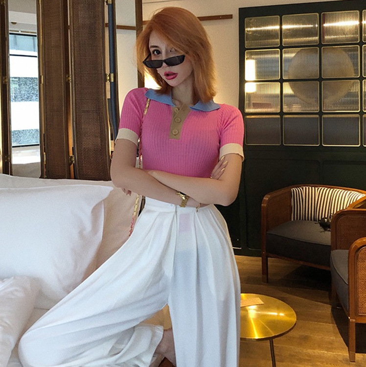 1431#批发泫雅风撞色polo衫女夏韩版新款紧身显瘦针织上衣短袖t恤