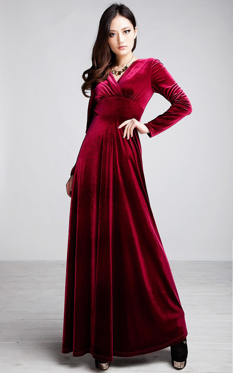 2019秋冬大码女装欧美外贸长袖v领长款大摆拖地金丝绒长裙连衣裙