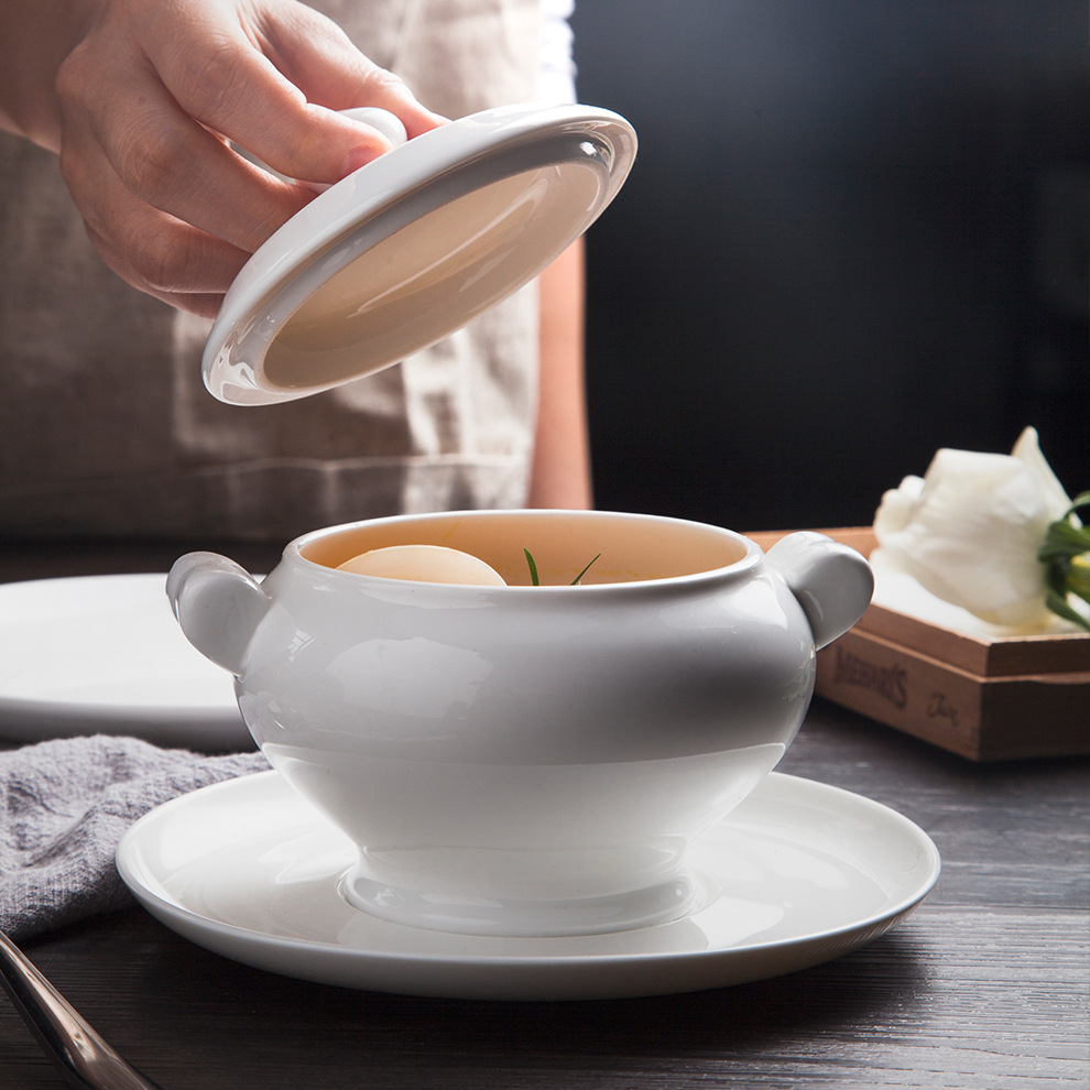 厂家直销陶瓷炖盅 酒店西餐厅带盖双耳隔水燕窝炖品中式陶瓷汤盅