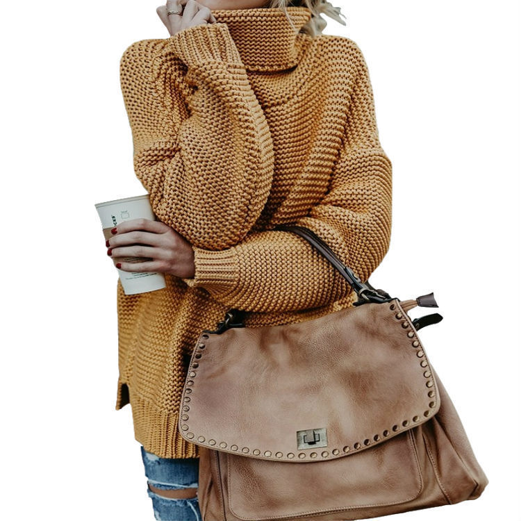 跨境亚马逊ebay 2024春秋新款欧美针织衫女装长袖高领套头毛衣女