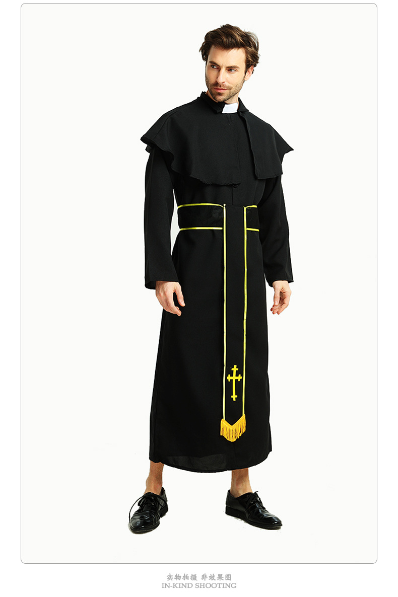 万圣节欧美话剧舞台表演服男金黑传教士长袍神父派对角色扮演服装