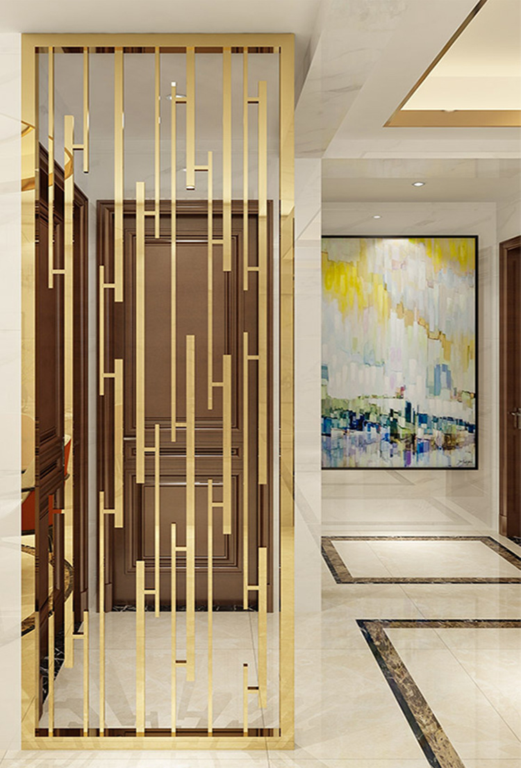 定制楼梯新中式风格不锈钢镀钛屏风客厅钛金隔断玄关镂空装饰屏风