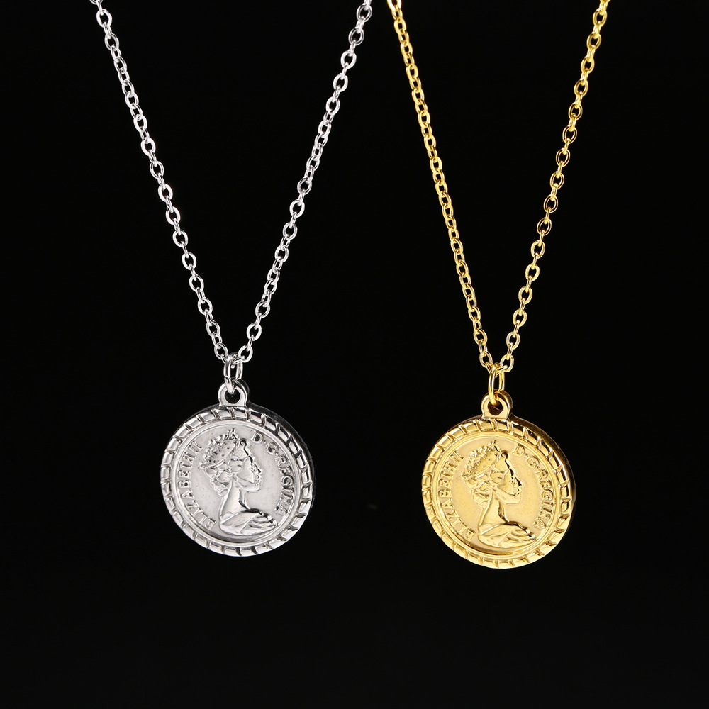 欧美镀18k金ins女王伊丽莎白人像金币圆牌吊坠项链颈链简约锁骨链