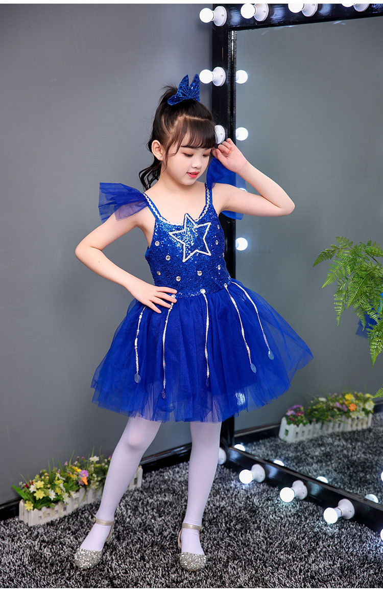 六一新款儿童演出服装星星舞蹈服女童公主裙蓝色蓬蓬裙表演服纱裙