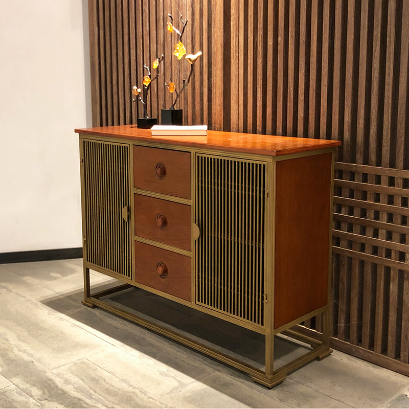 新中式玄关柜金属实木门厅柜书房玄关装饰镂空柜门中式禅意隔断柜