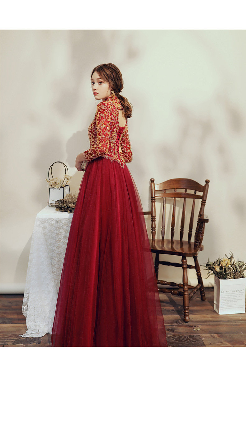 宴会晚礼服裙女结婚敬酒服新娘2019新款酒红色长袖回门服气质长款