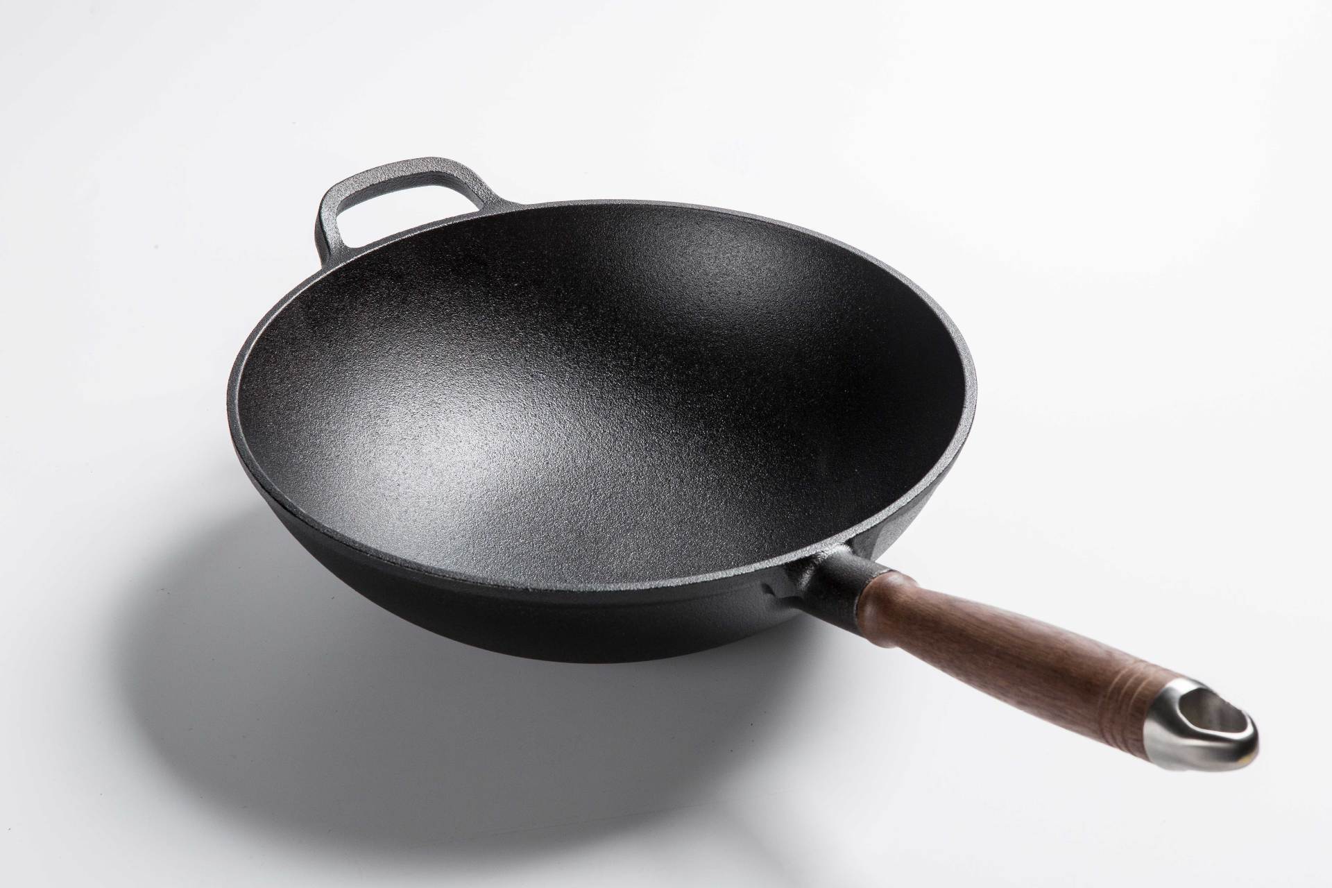 电磁炉燃气灶用铸铁炒锅家用木把手炒锅圆底炒锅可定制