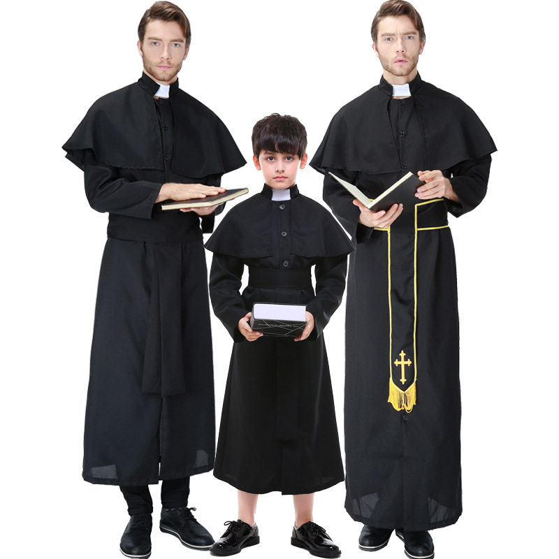 万圣节服装欧美成人男款狂欢节感恩节游戏牧师亲子装 成人牧师服