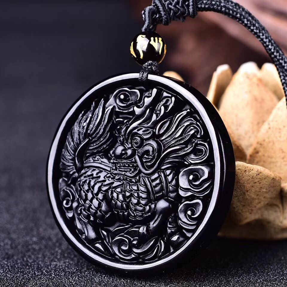 东海节高水晶天然黑曜石麒麟圆牌吊坠男女款霸气项链饰品批发