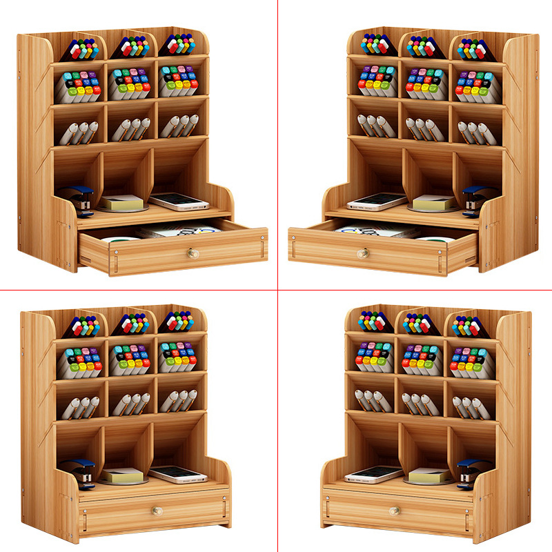 Wooden Pen Holder Storage Box Large Capacity Nordic Creative Fashion Multi-Compartment Pen Holder Office Desktop Storage Shelves