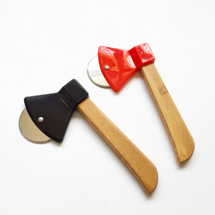 Hz415 Hot Sale Axe Pizza Cut Pizza Cutter Cake Knife Bamboo Handle Cake Cut Knife Pizza Wheel Knife Stainless Steel