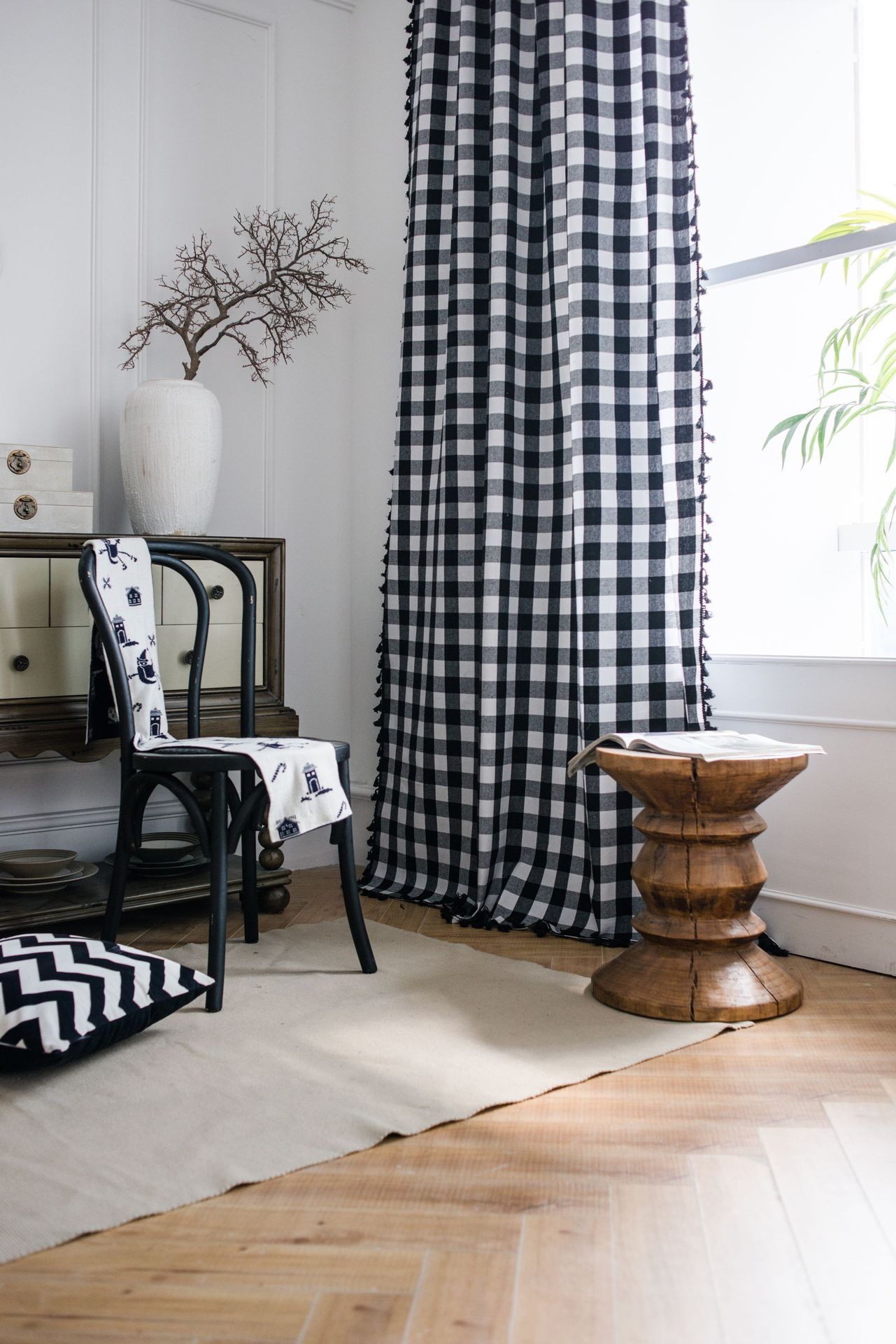 伊缦琪韵窗帘成品黑白格子流苏美式小窗厨房帘棉麻半遮光飘窗