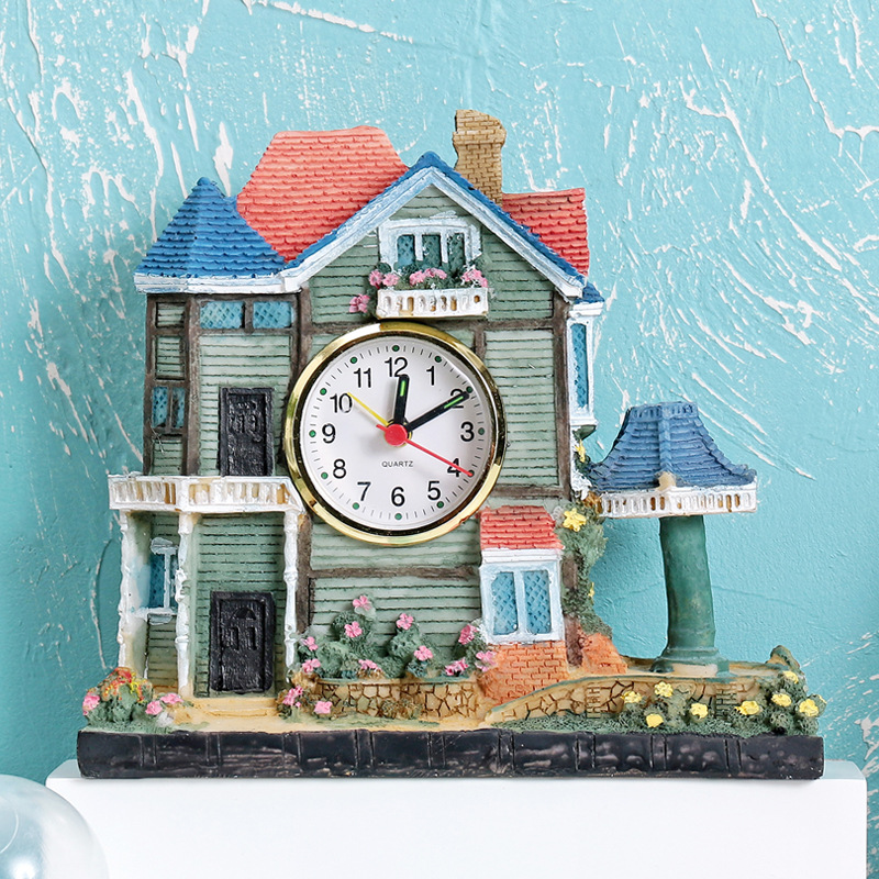 欧式复古别墅城堡小房子树脂闹钟儿童房摆台闹铃闹钟学生礼品批发