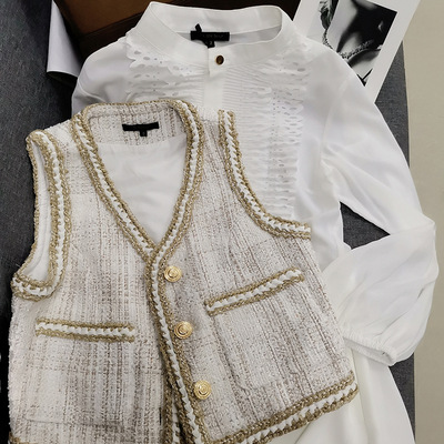 白色马夹女外搭坎肩马甲复古港味短款小香风外套t1904
