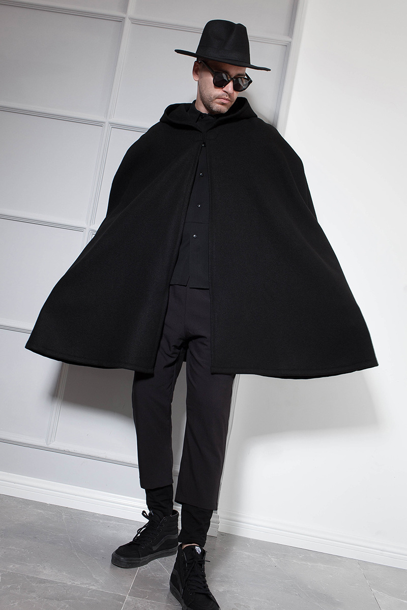 暗黑斗篷披风连帽毛呢大衣男士跨境外贸欧美日韩一件代发批发现货