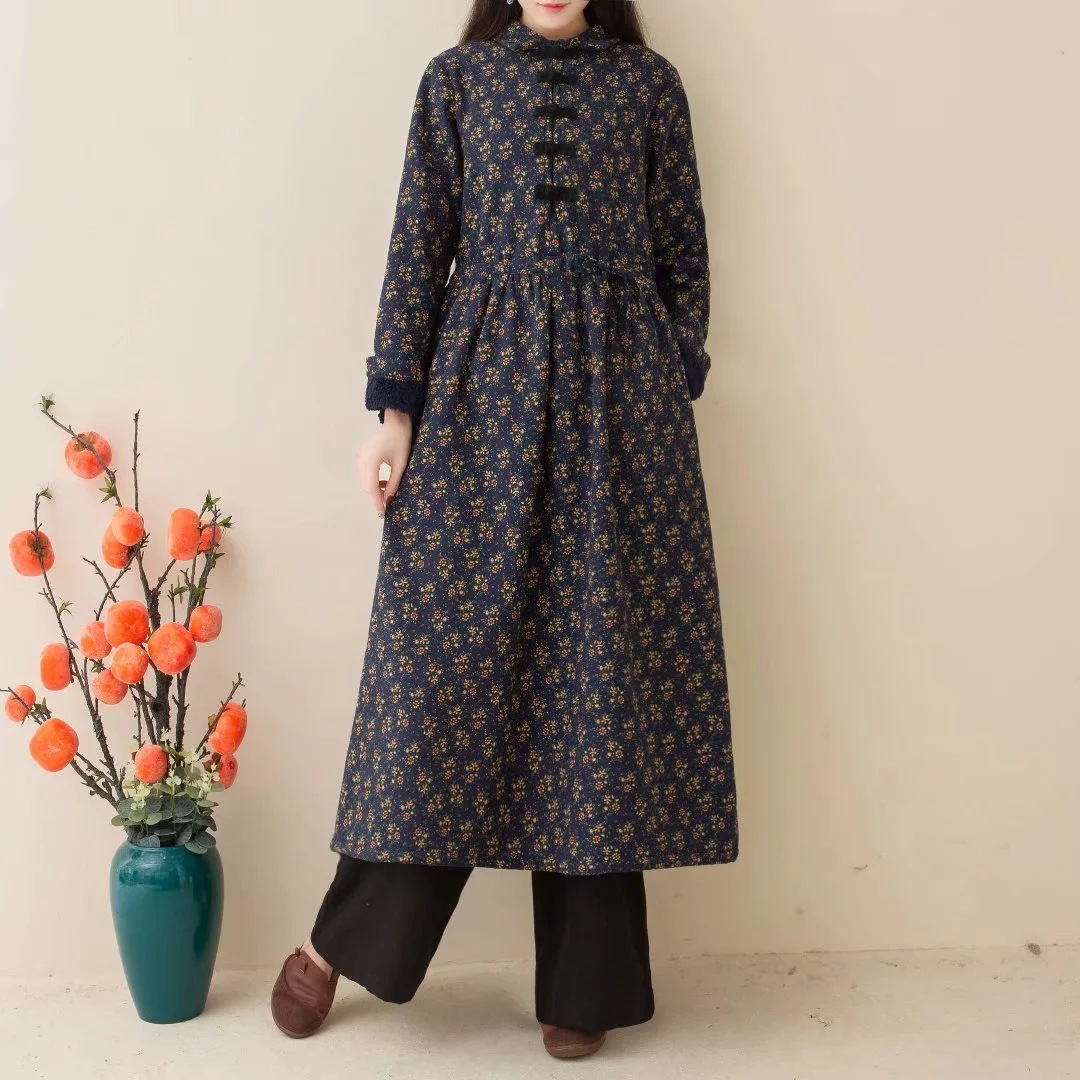 复古加绒棉麻连衣裙秋冬季显瘦民族风碎花长款加厚裙子宽松打底裙