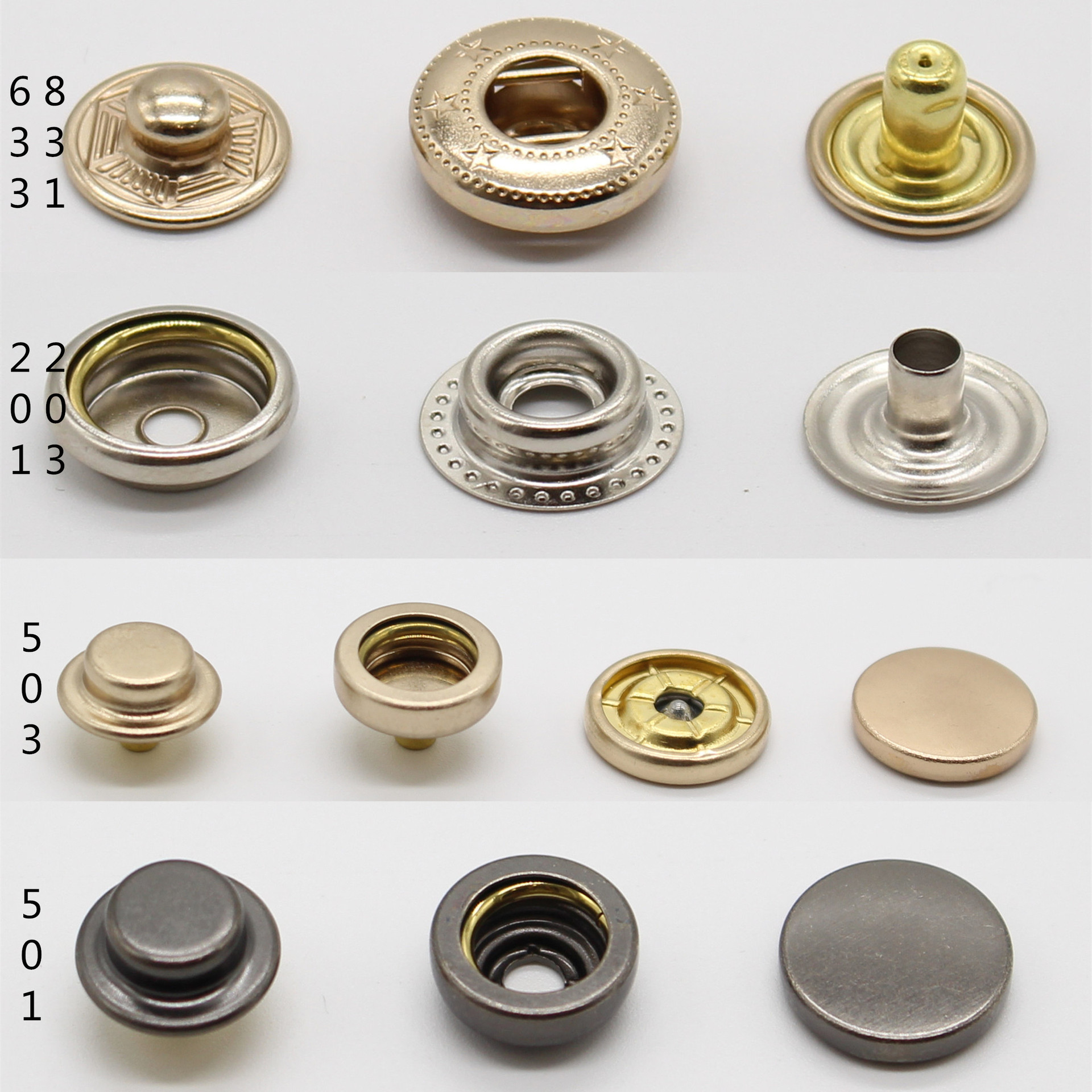 现货501 503 633 831 201 203底三件铜扣四合扣啪扣金属纽扣按扣