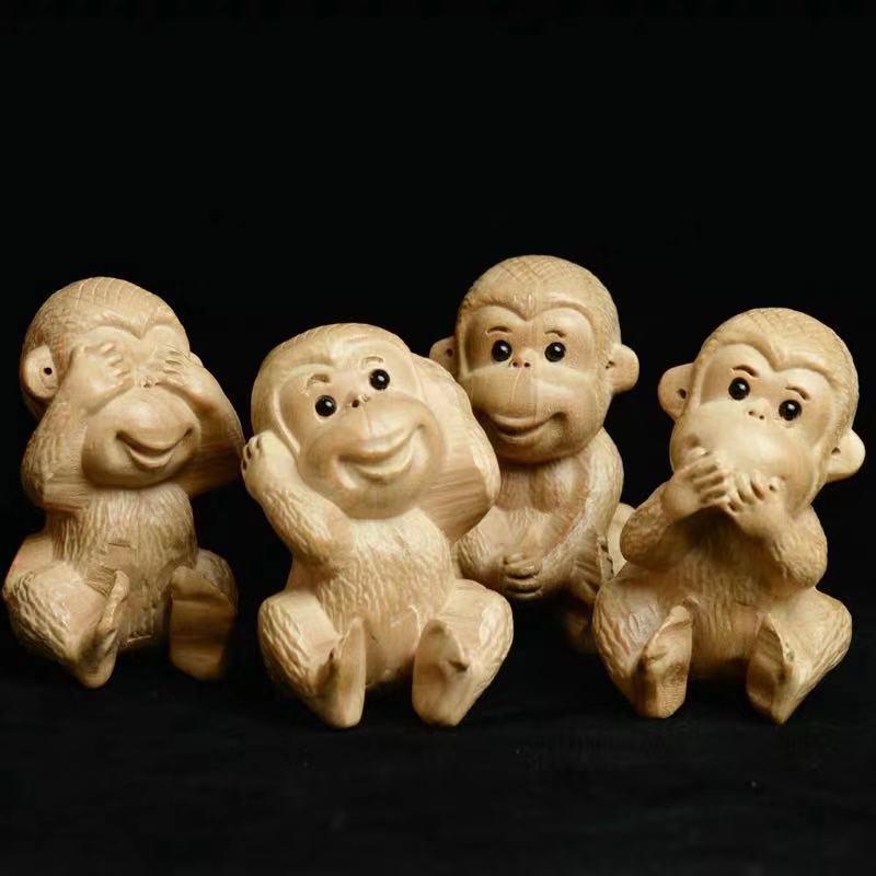桃木四勿猴不看不听不说不动小猴子四不猴实木质小摆件挂件木雕