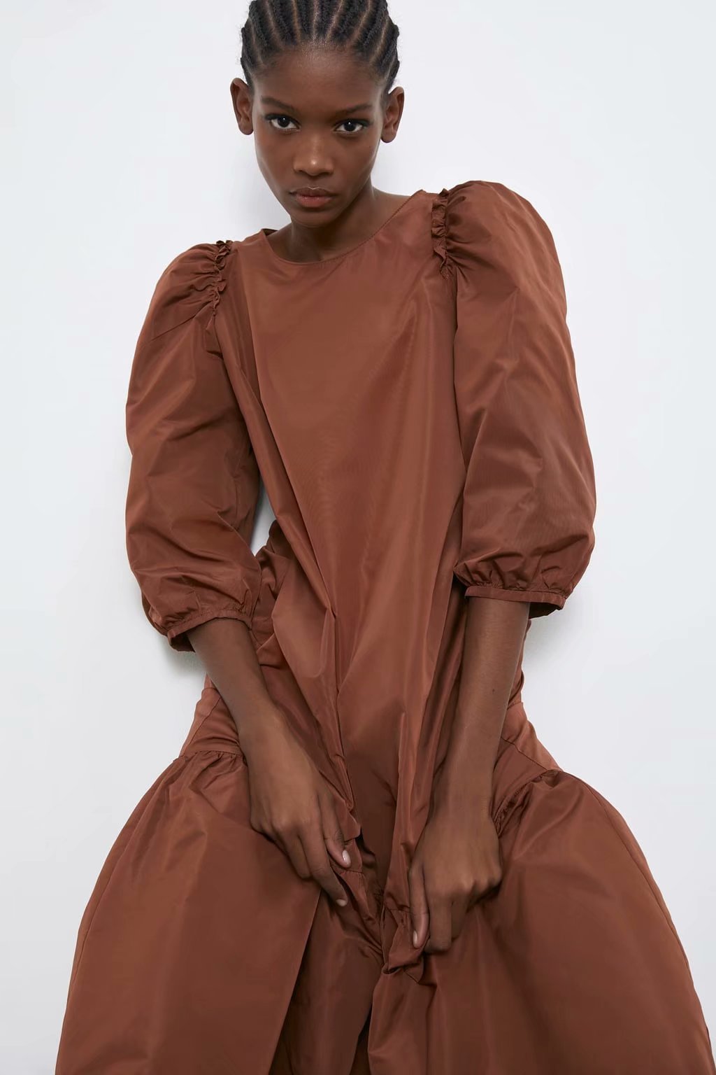 2019秋季跨境女装长袖塔夫绸宽松连衣裙