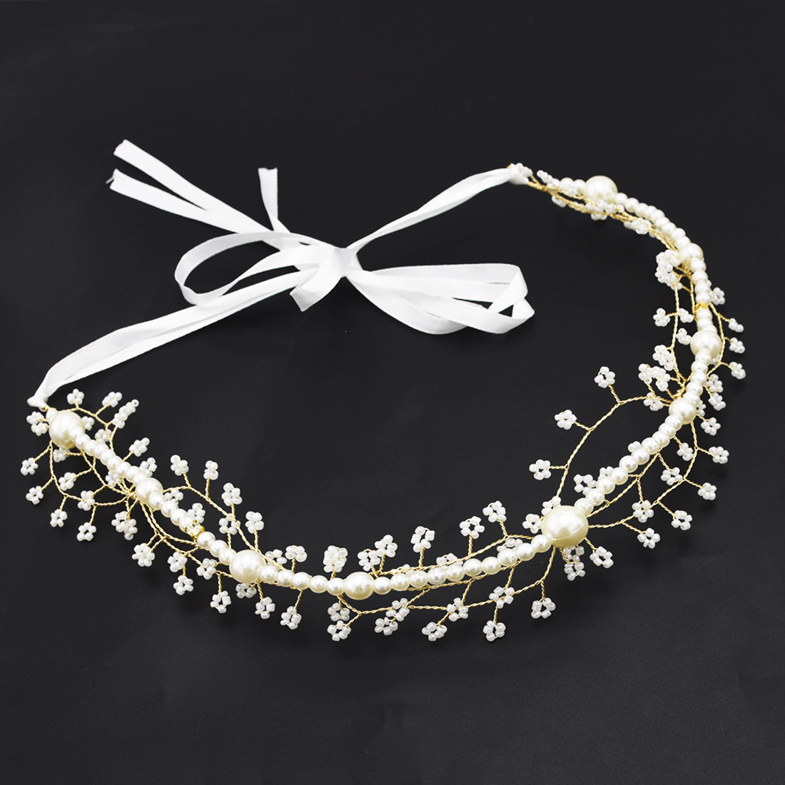 欧美时尚潮流精品新娘头饰 金色满天星珍珠链流苏发带厂家直销