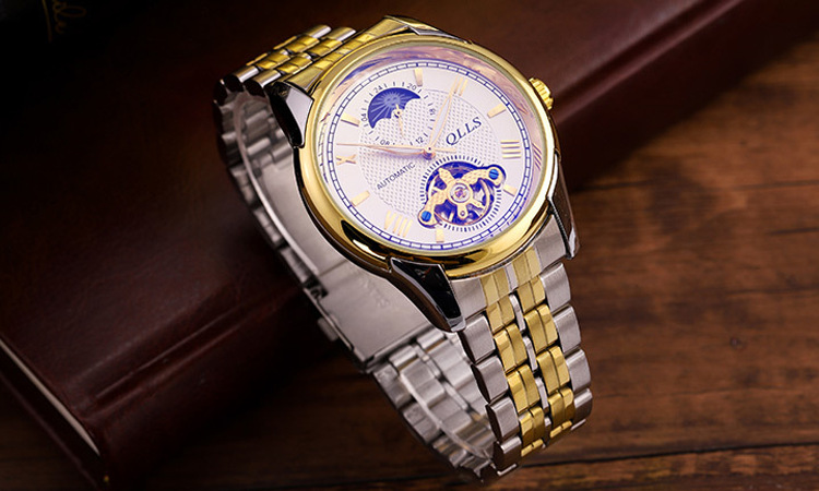 新款奇洛时男士自动机械表6位飞轮月相男款手表8028时间可代发