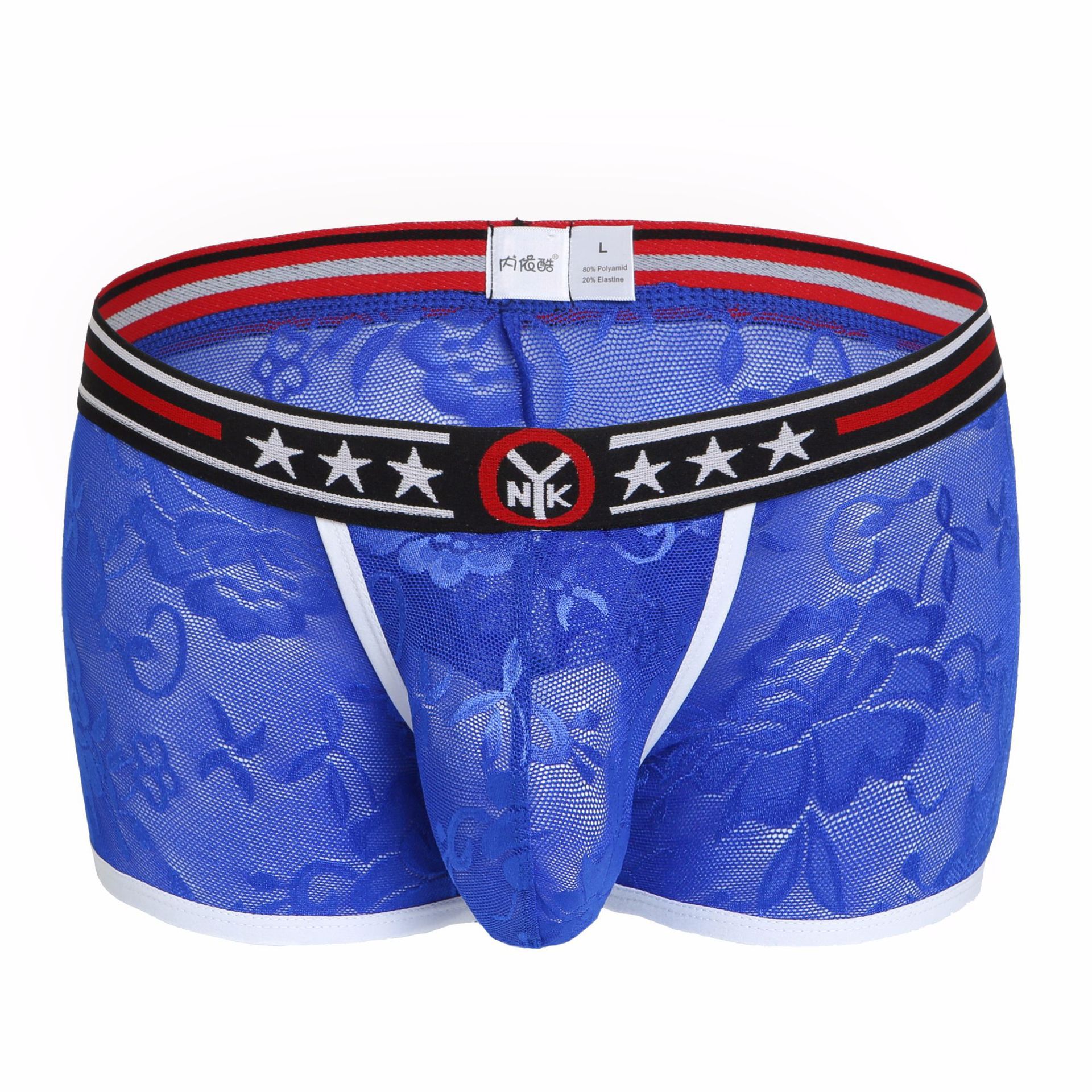 情趣蕾丝提花平角男内裤枪弹分离性感情趣透明透气低腰新款