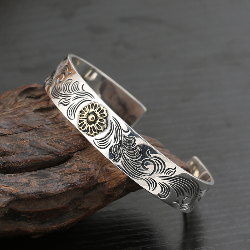 纯银饰品手镯男个性时尚唐草纹男女情侣手镯开口可调节一件代发