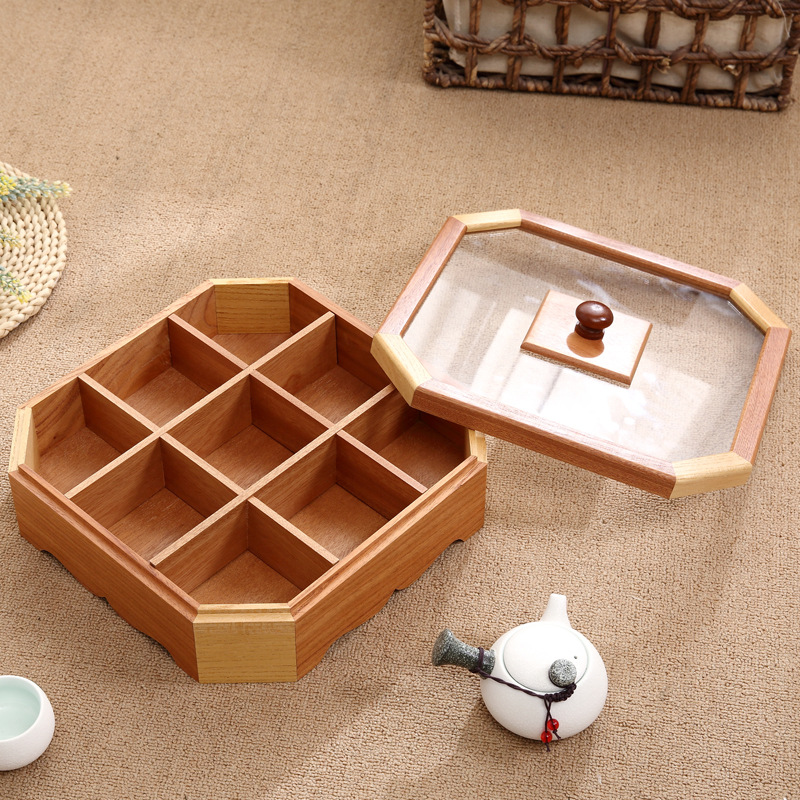 Storage Box Wooden Household Grid with Lid Dried Fruit Nut Box Wooden Jiugong Grid Candy Box Snack Snack Box
