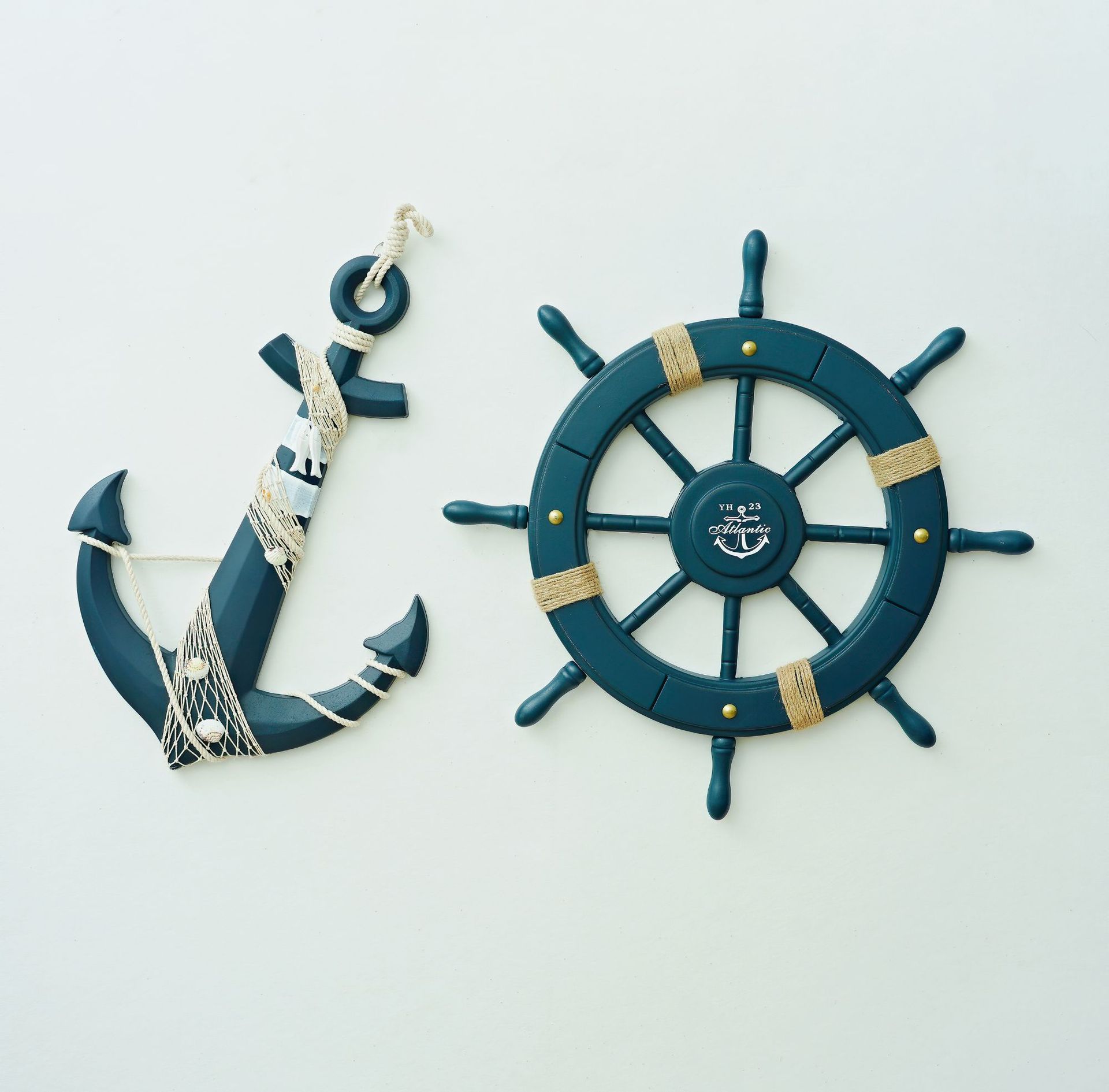 地中海风格领航舵蓝色锚舵套装62公分船舵木质工艺品家居装饰摆件