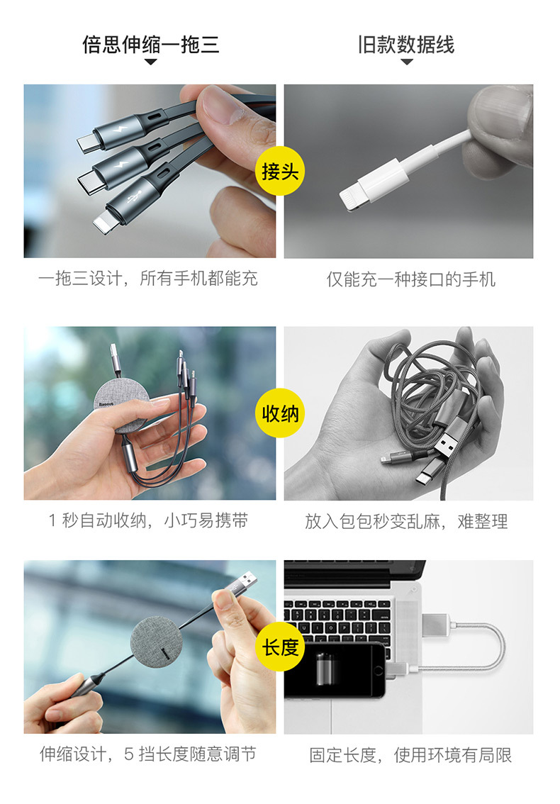 倍思 三合一数据线 多头拉伸安卓数据线快充线礼品一拖三数据线