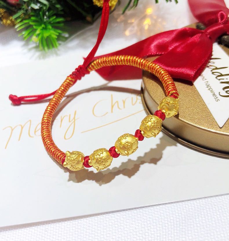 五福小金猪手串硬金小猪手链红绳本命年礼物女款 银猪手链