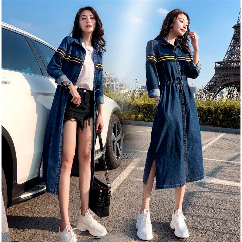 2020春装新款韩版显瘦单排扣过膝牛仔裙潮休闲牛仔连衣裙女中长款