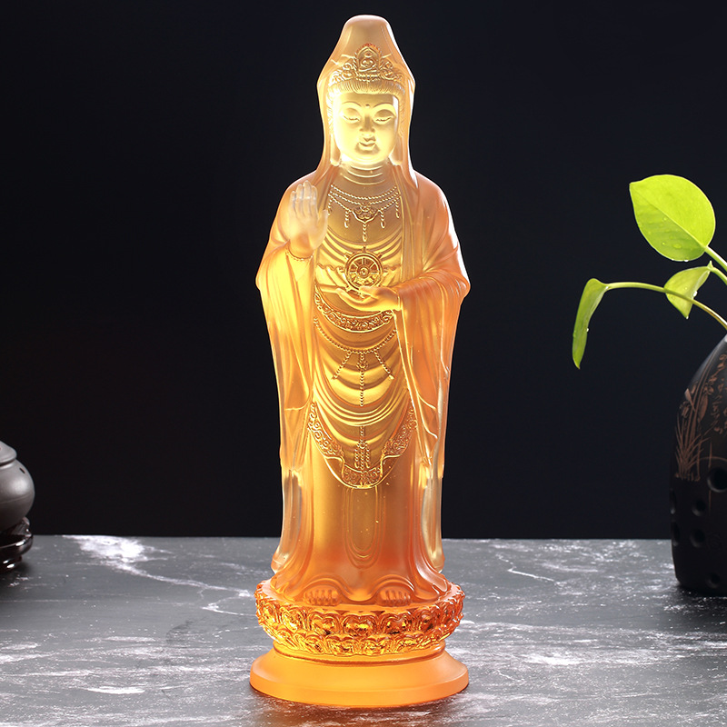 31cm古法琉璃普陀观音佛像立莲花南海观世音菩萨居家摆件用品