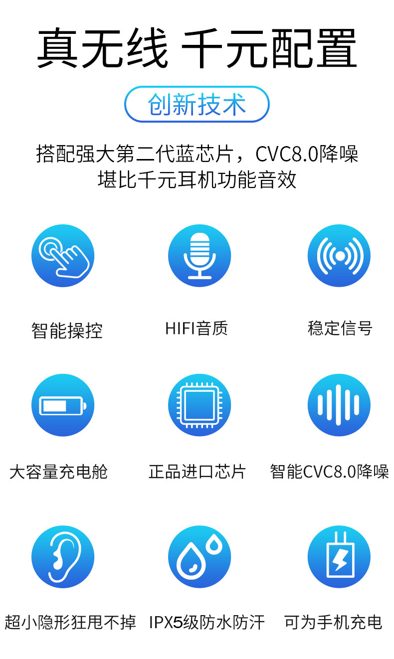厂家直销tws无线蓝牙耳机5.0对耳入耳式运动耳塞数显带充电仓耳机