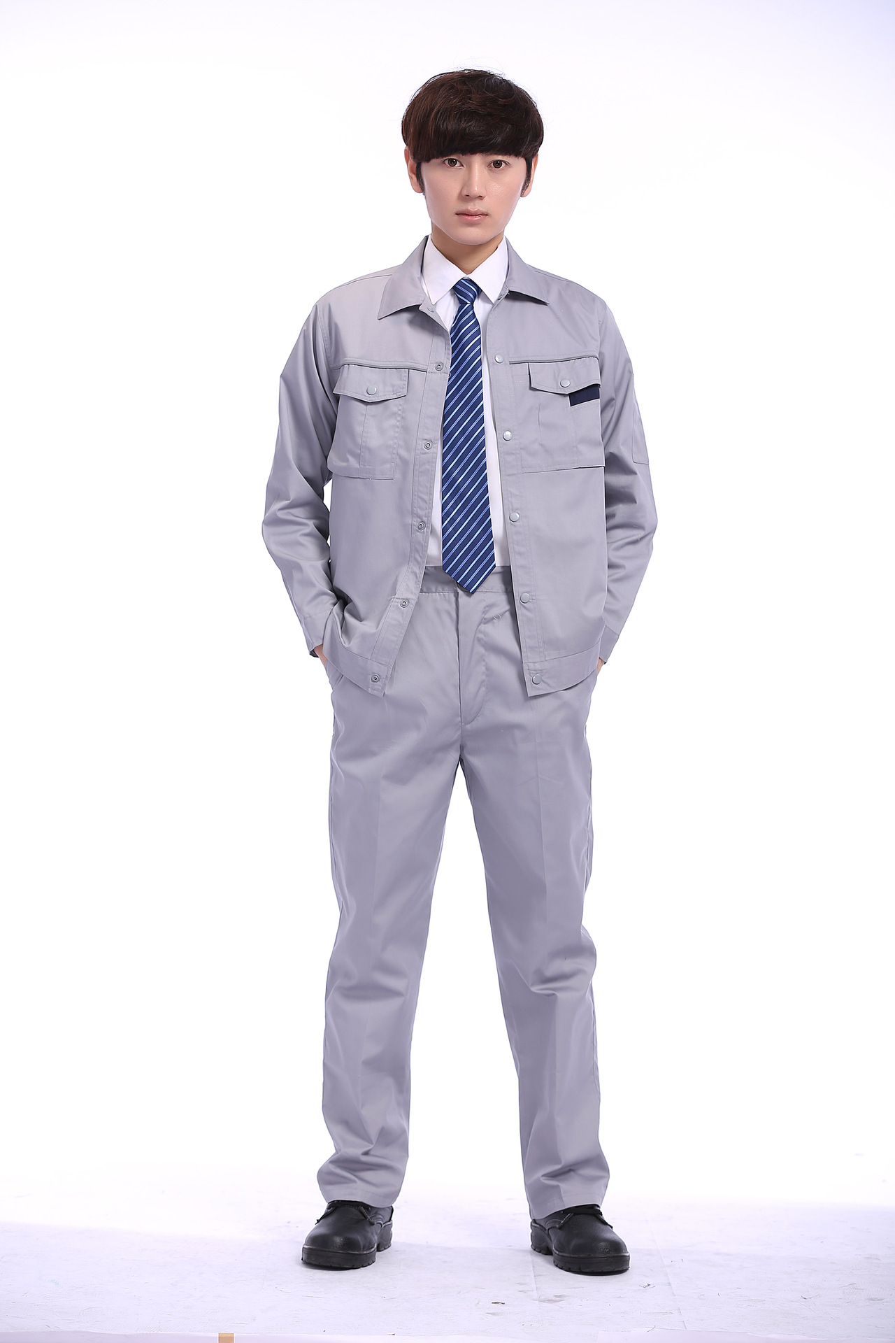 夏季长袖涤棉透气工作服套装 车间灰色耐磨劳保服薄款企业工程服