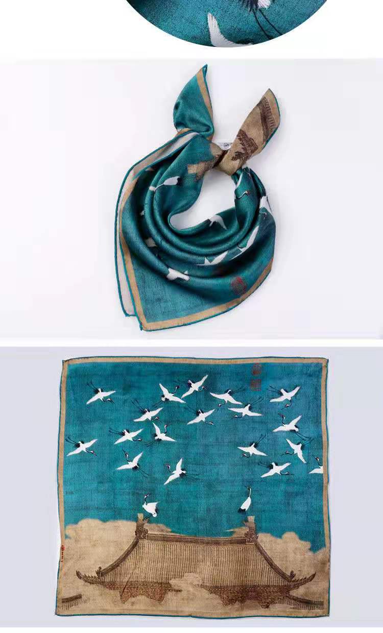 kc1033宋徽宗瑞鹤图真丝小方巾桑蚕丝丝巾围巾女士装饰丝巾