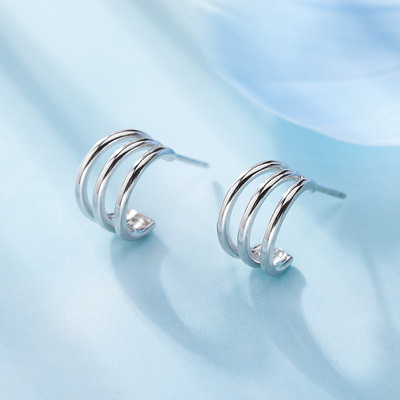 s925纯银耳钉ins简约多层线条圆圈女耳钉耳环学生银耳饰