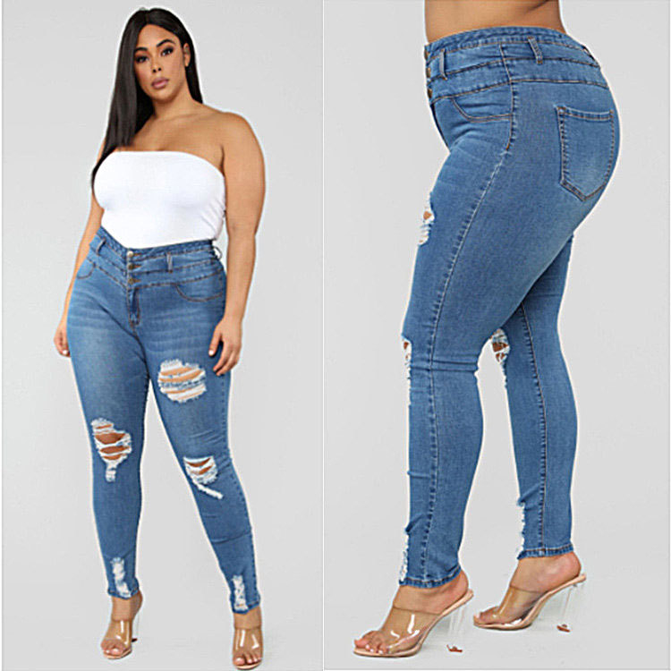 Foreign Trade European and American Wish Cross-Border EBay High Waist Ripped plus Size Fat Jeans Women's Skinny Jeans Women's Wholesale