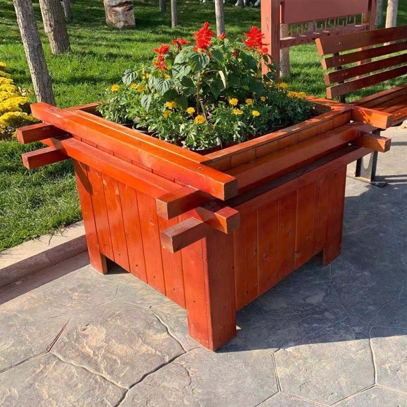 厂家定制碳化木花盆防腐木花盆 铁架结构路边户外公园花园花盆