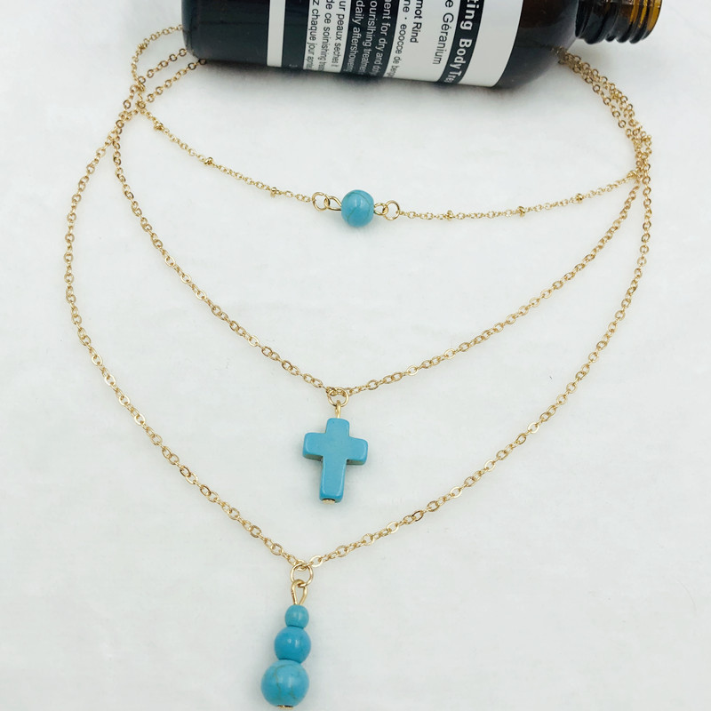 跨境爆款绿松石十字架多层叠带女士项链 波西米亚风海边配饰颈链