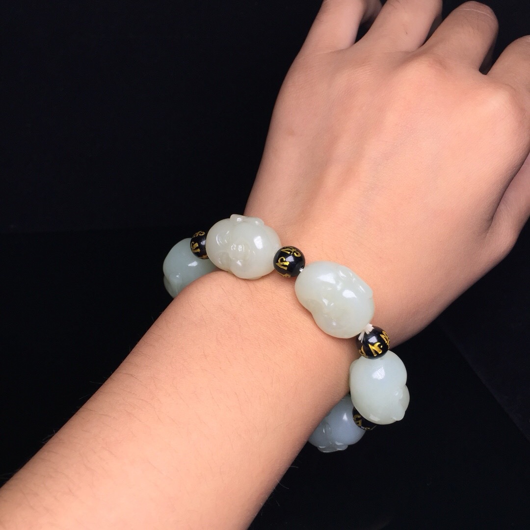 代发新疆和田玉手链 天然白玉佛头佛珠手串 双面佛头和田白玉手链