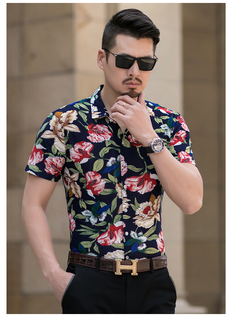 男士短袖花衬衫 夏季中年商务丝光棉半袖潮流碎花衬衣新款男装