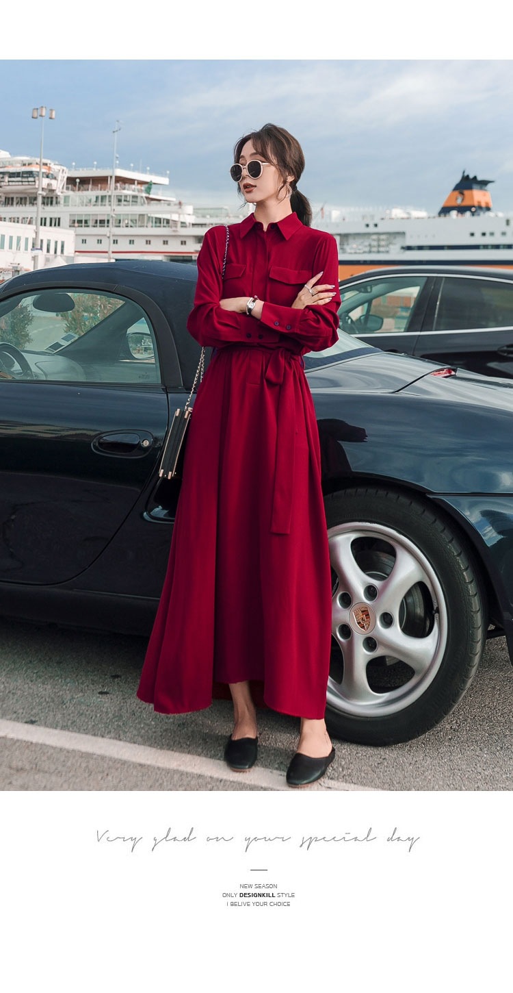实拍egg裙法式御姐气质ol暗红色翻领单排扣超长款收腰衬衫连衣裙